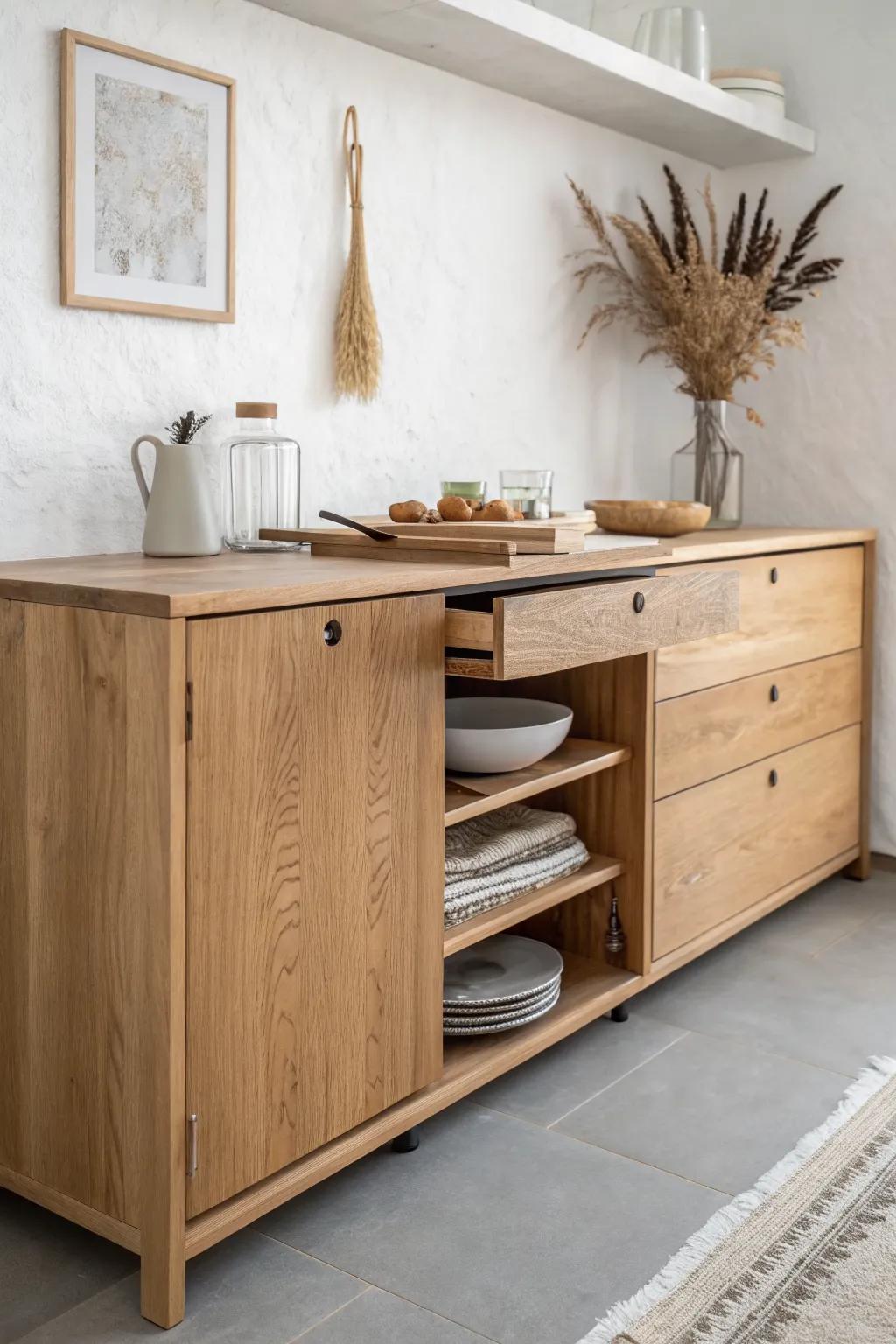 A hidden pull-out butcher-block shelf adds instant prep space—and tucks away beautifully.