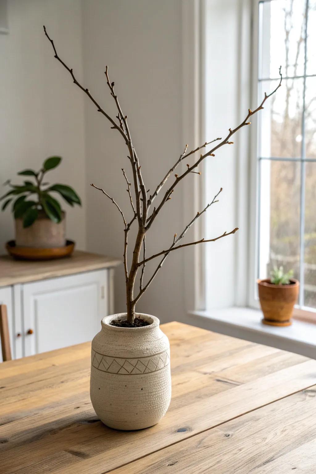 A single sculptural branch in a stoneware crock—minimal, modern-rustic calm for your table.