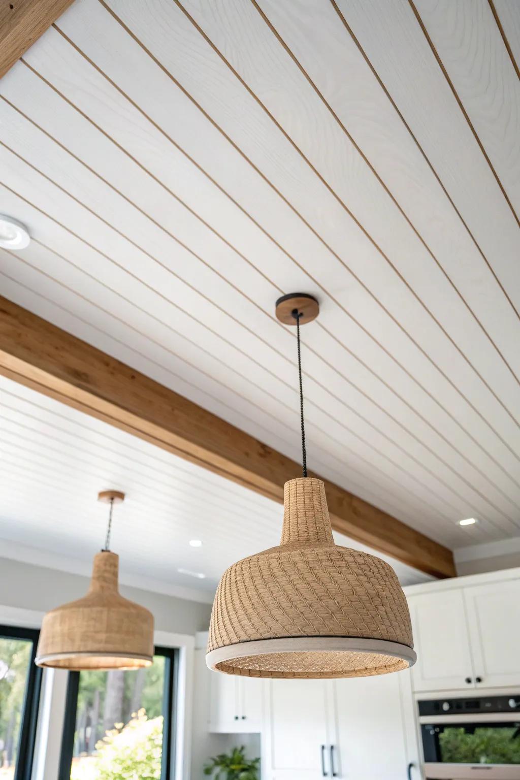 Painted plank ceiling paneling turns the kitchen’s “fifth wall” into a calm focal point.