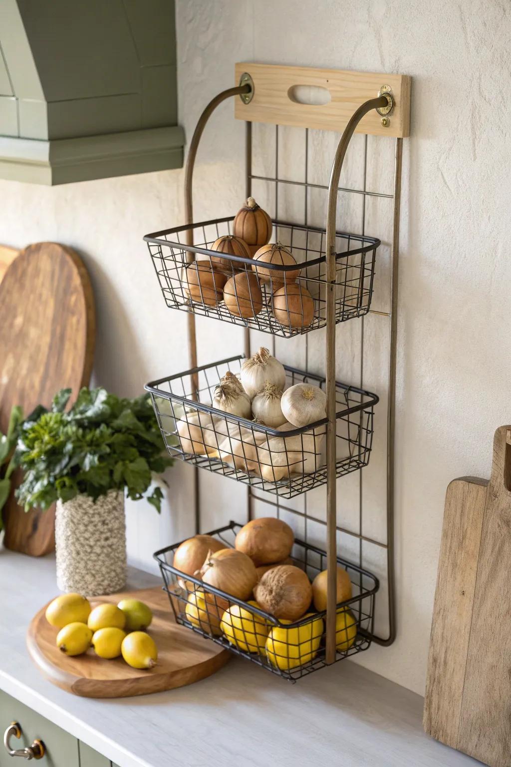 Stacked wire produce baskets keep onions, garlic, and citrus airy, tidy, and grab-ready.