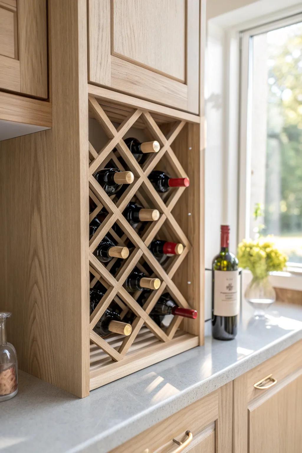 Built-in vertical X-grid wine rack—simple oak craftsmanship that turns bottles into decor.