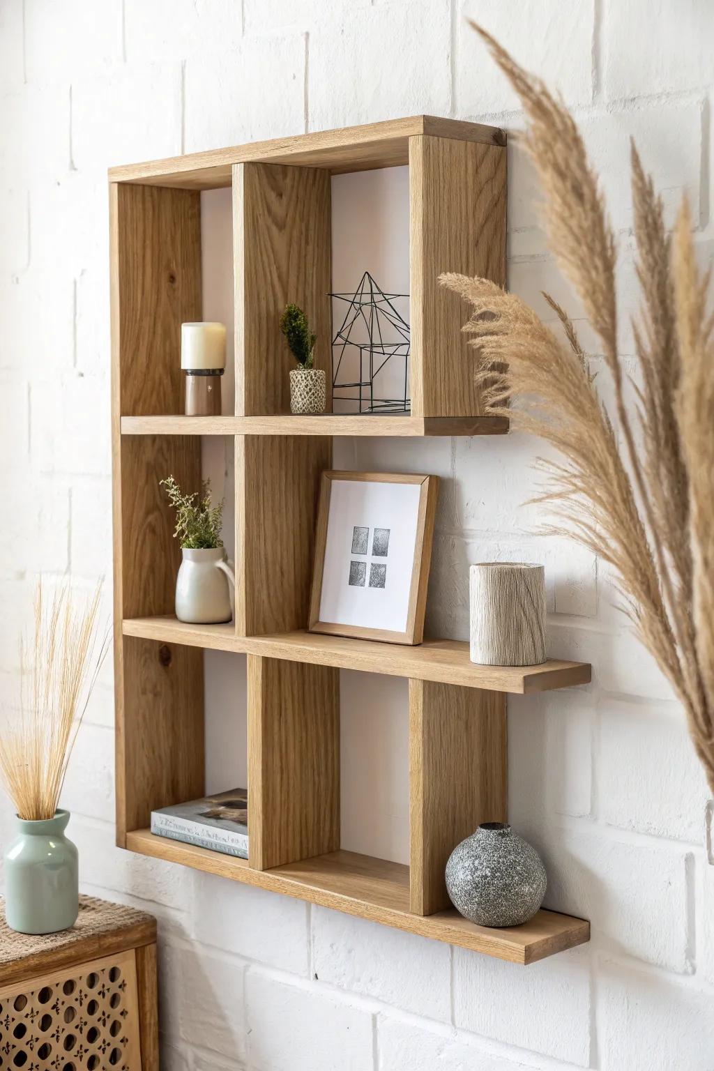 Modern asymmetrical box shelf—clean miters and varied cubbies for artful knick knack styling.