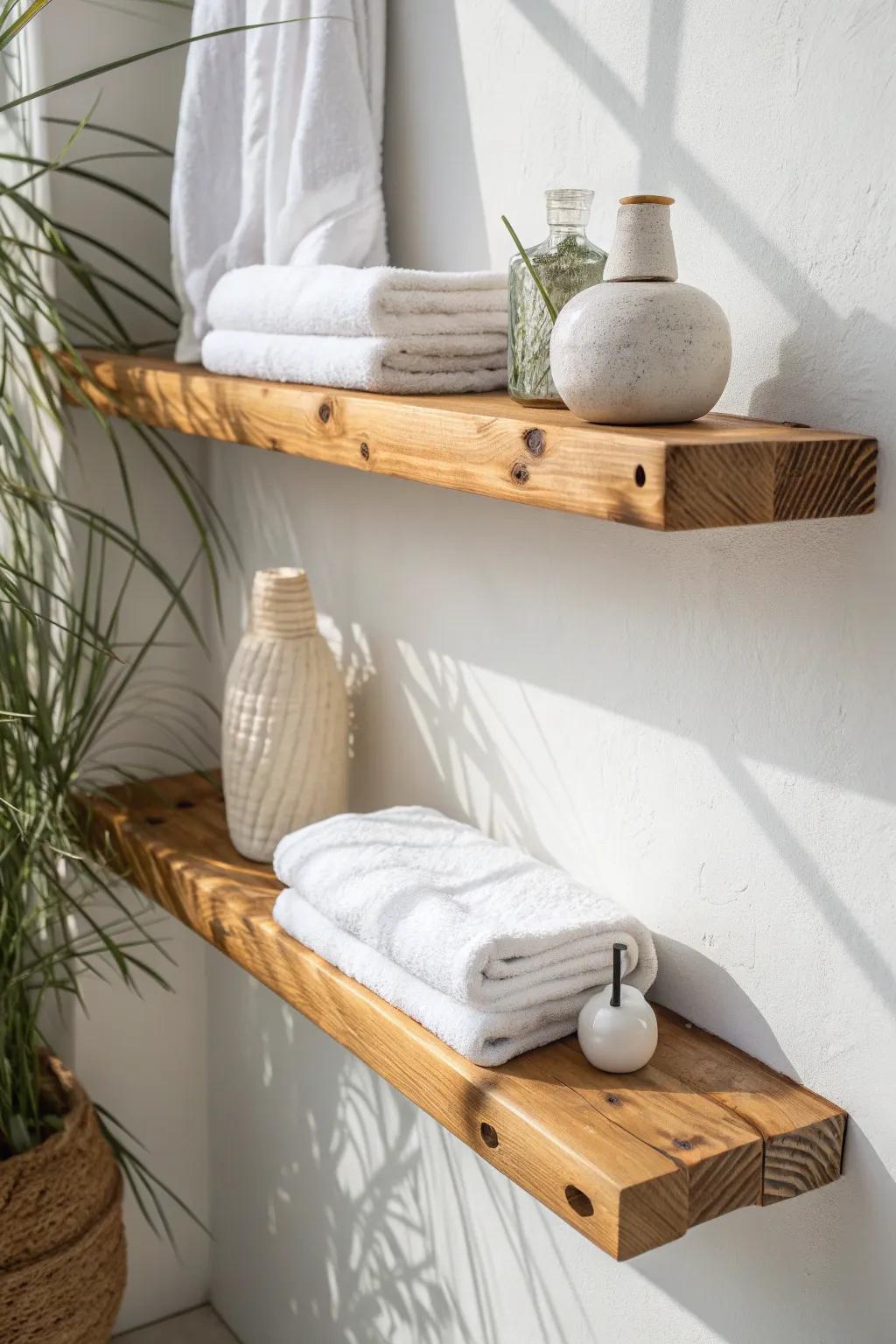 Floating knotty pine shelf with rolled linen towels and pottery—minimal, warm, and handmade.