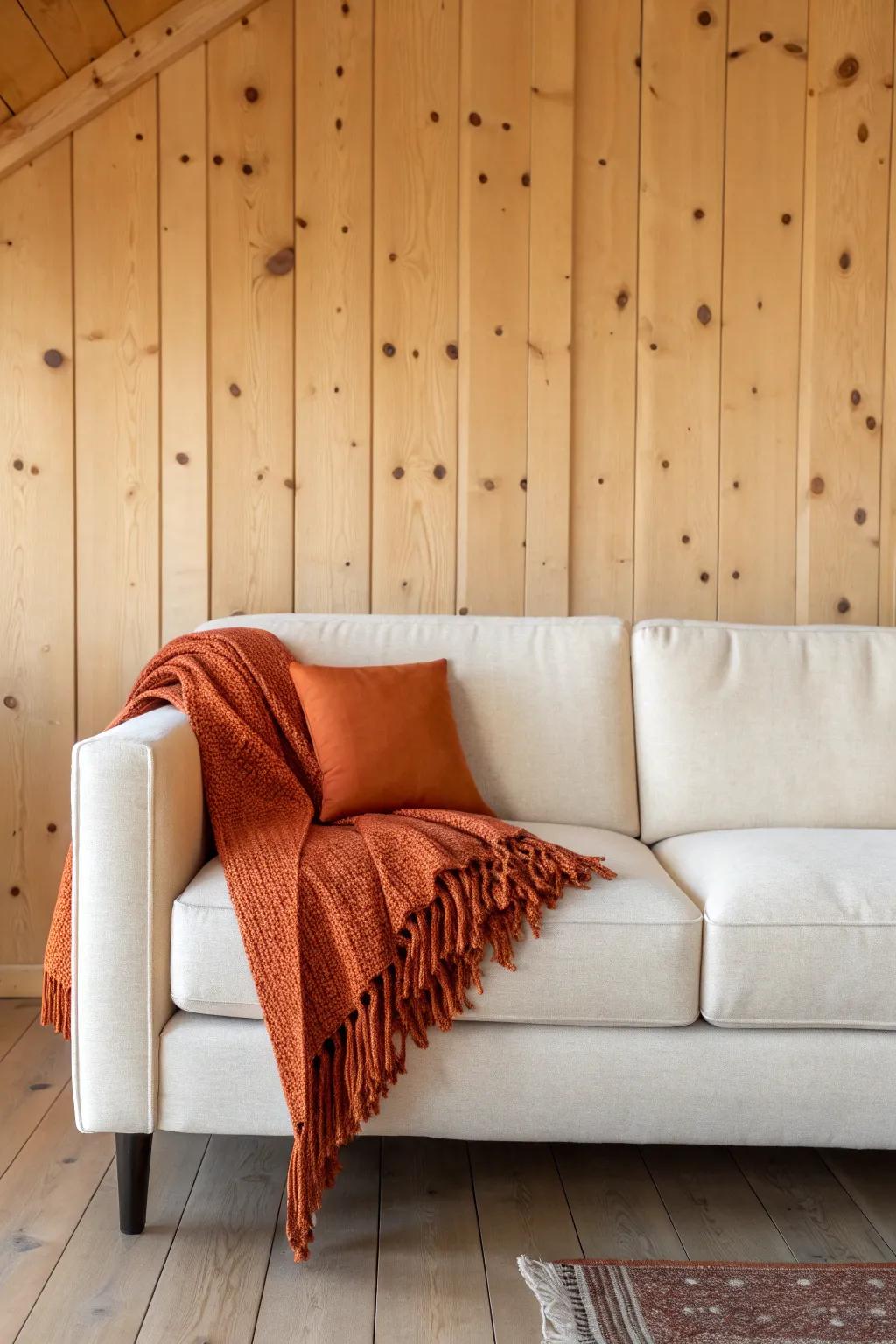 Solid linen sofa + one bold throw lets knotty pine paneling feel calm, clean, and cozy.