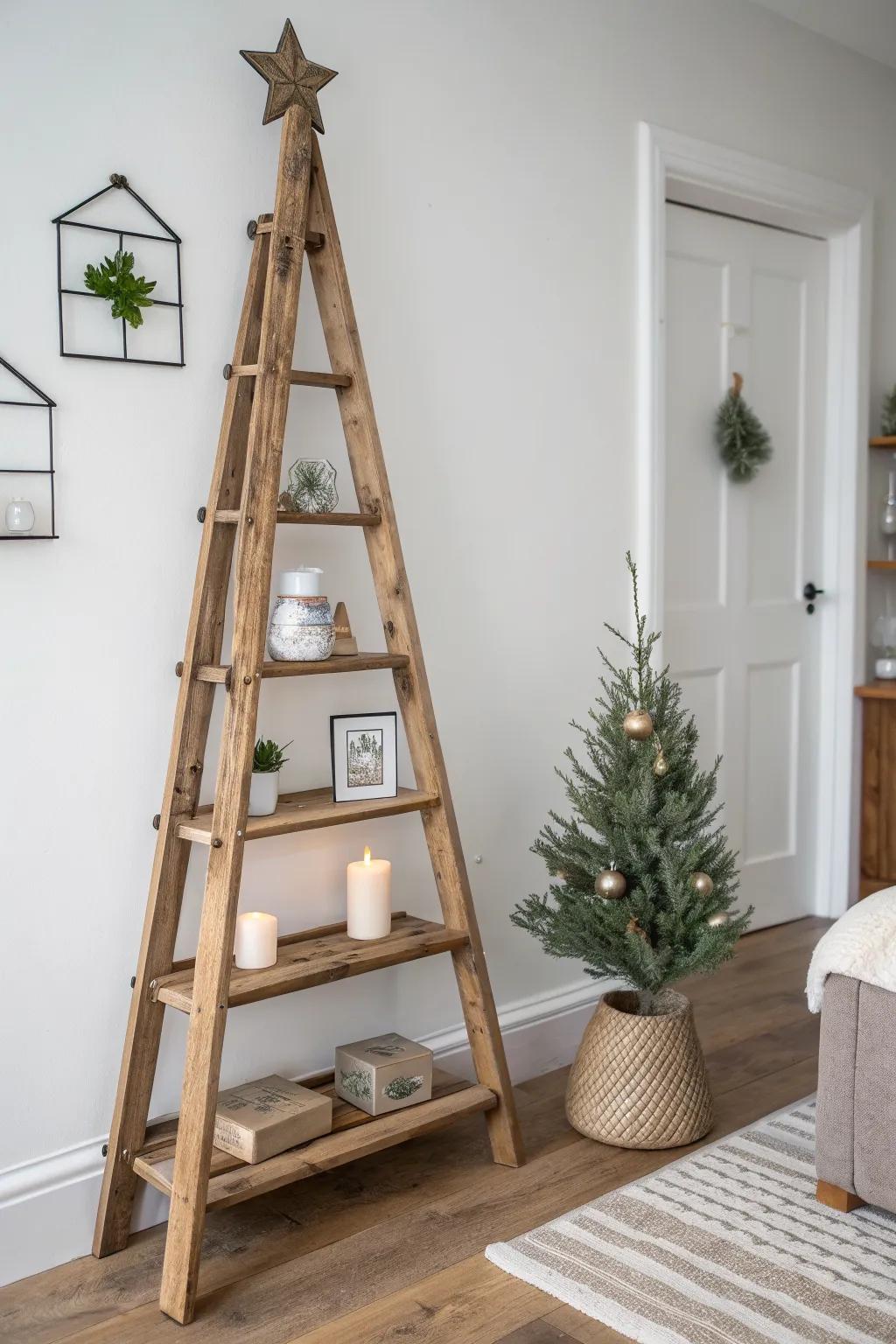 Rustic ladder tree as tiered shelves—reclaimed planks, simple Scandinavian-boho holiday charm.