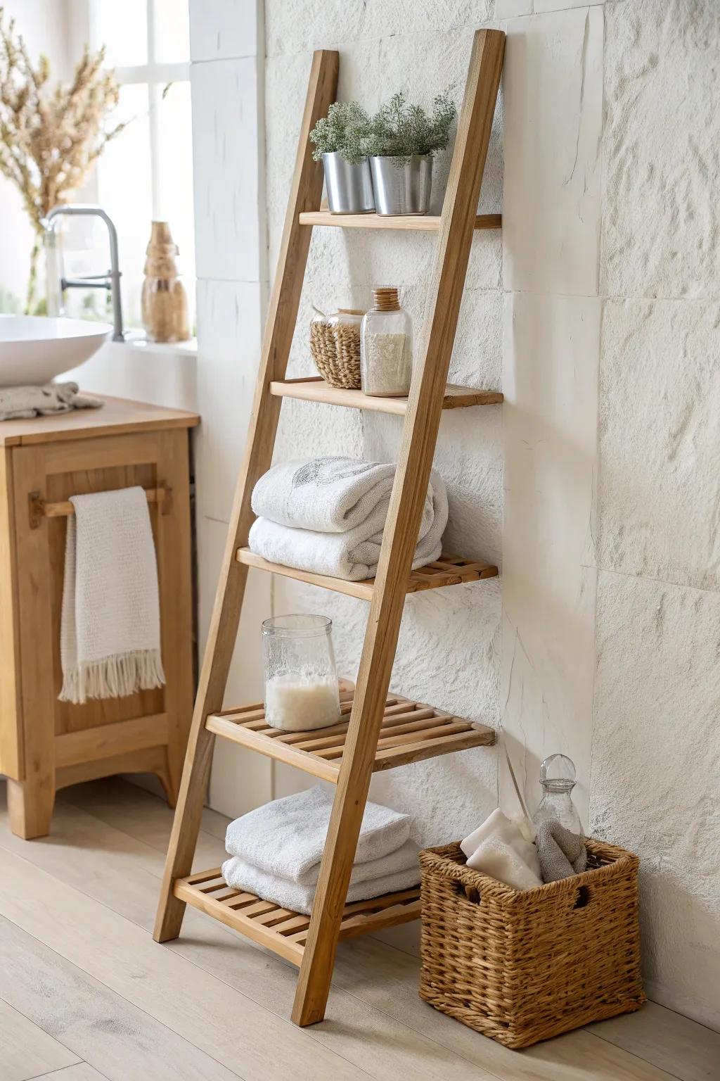 Spa-like ladder shelf styling: rolled towels, woven basket, and a simple glass jar.