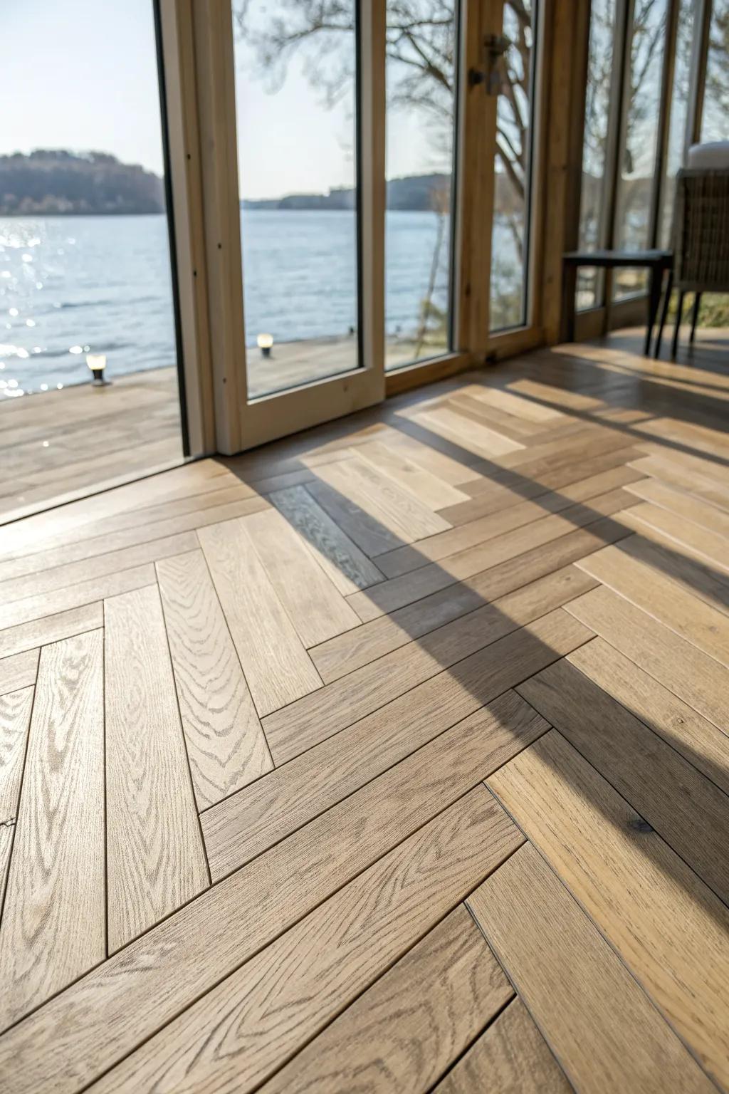 Matte oak herringbone planks bring a polished, designer finish to an airy lake house.