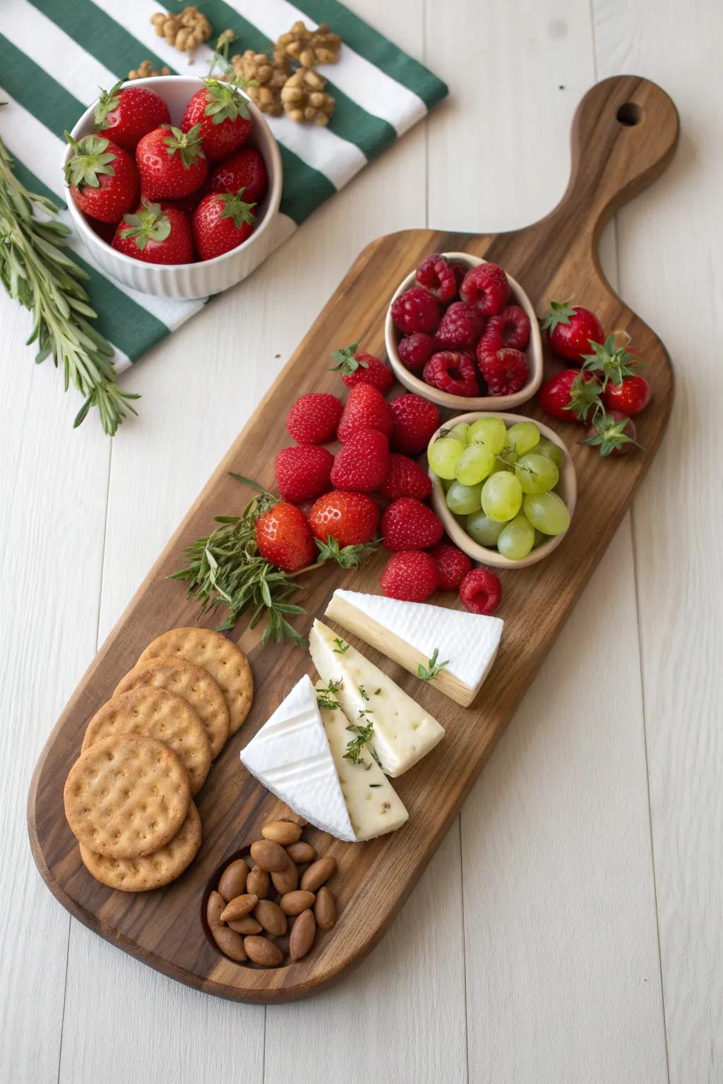 Modern color-blocked charcuterie on a large walnut board—bold reds, greens, and neutrals.