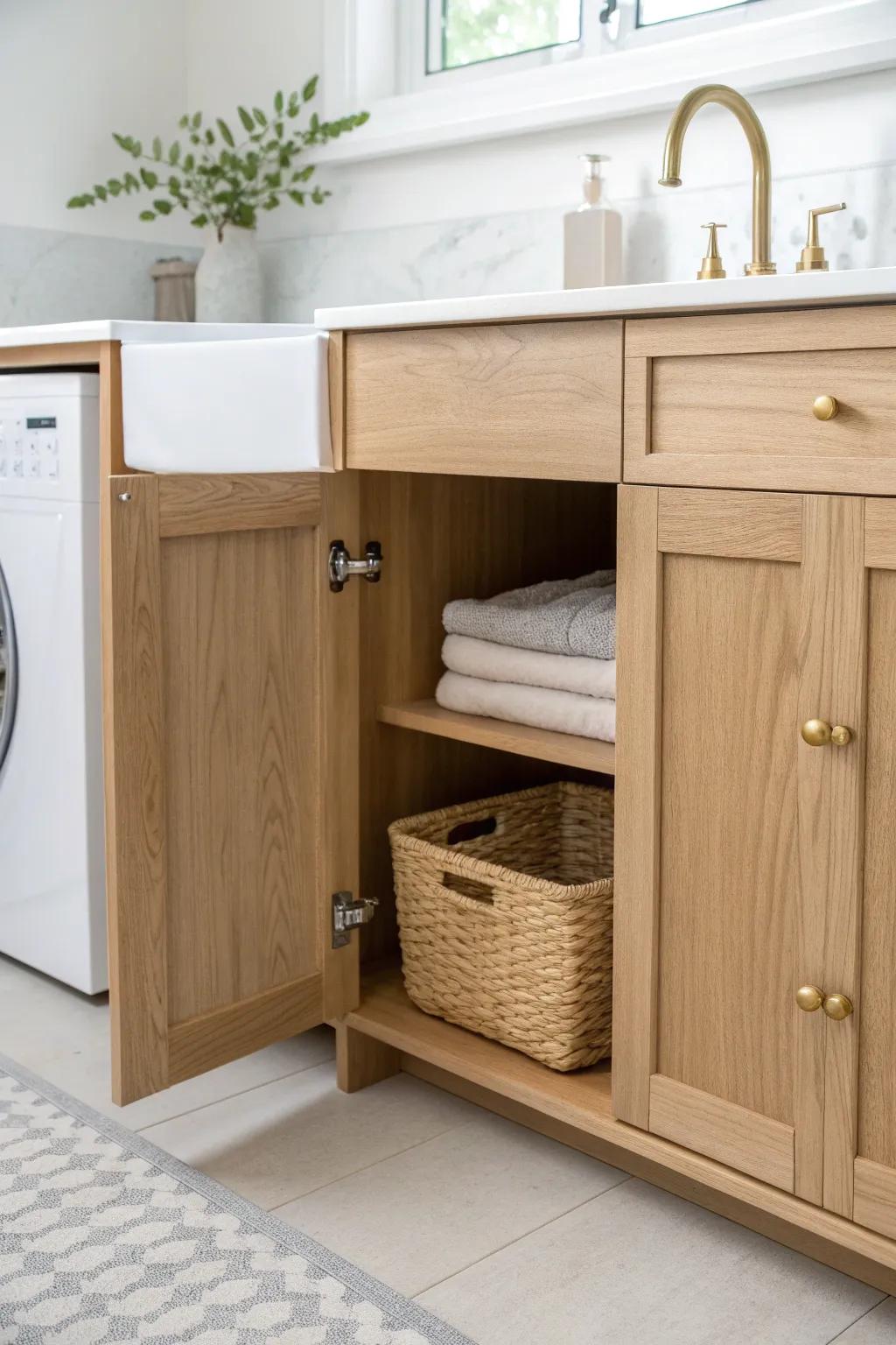 A light oak sink base cabinet with a waterproof liner tray—pretty, practical protection for spills.