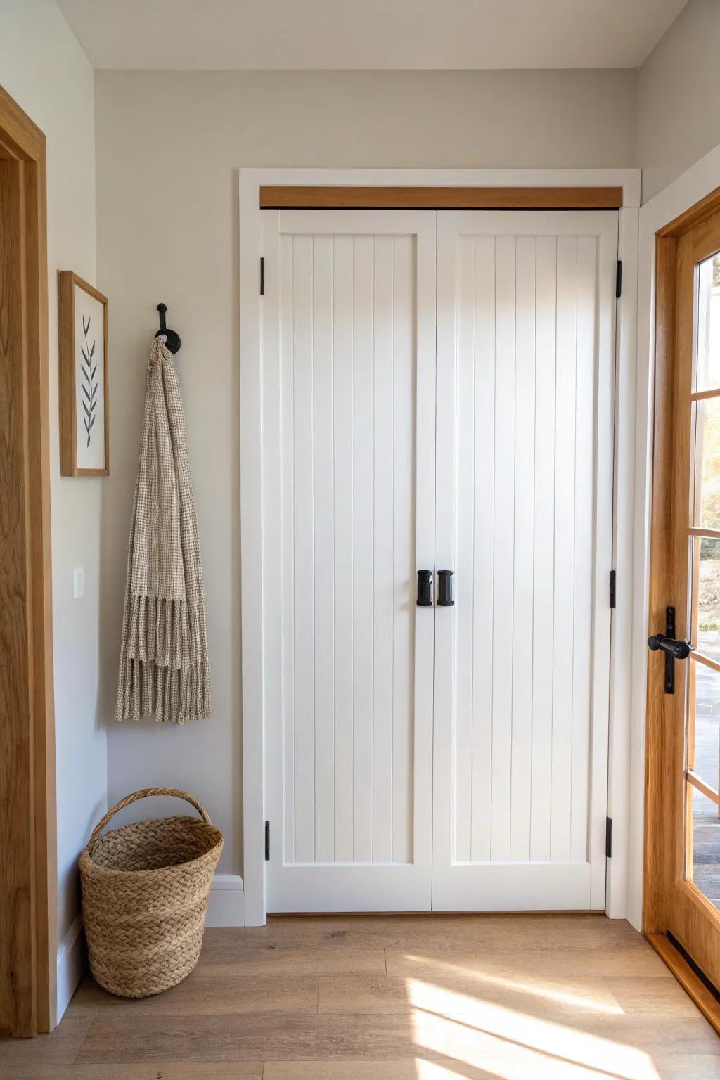 Cozy beadboard texture turns a plain laundry closet door into a calm, crafted statement.