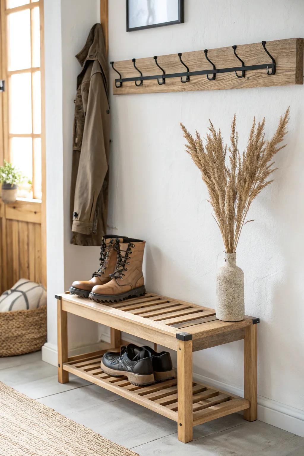 Minimal oak coat hooks with a slatted boot shelf—keeps muddy shoes tidy and easy to sweep.