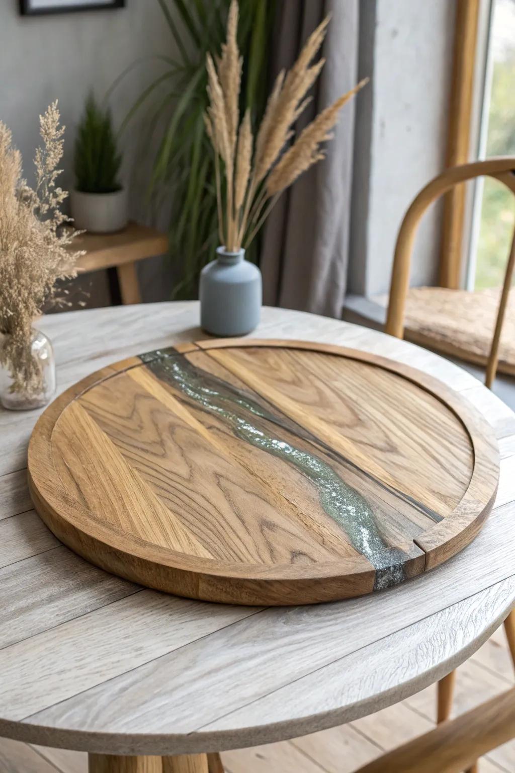A minimalist lazy Susan with a smoky resin river inlay—subtle shine, stunning grain contrast.