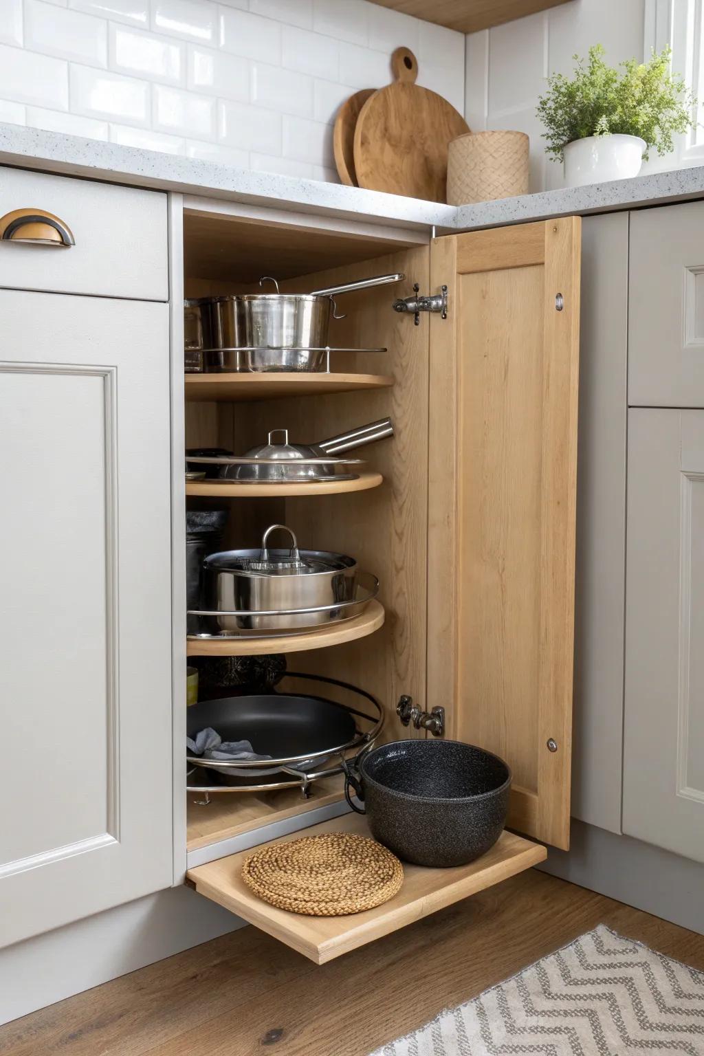 Turn the old lazy susan into a sleek pull-out pot rack—no stacking, no scratches, all ease.
