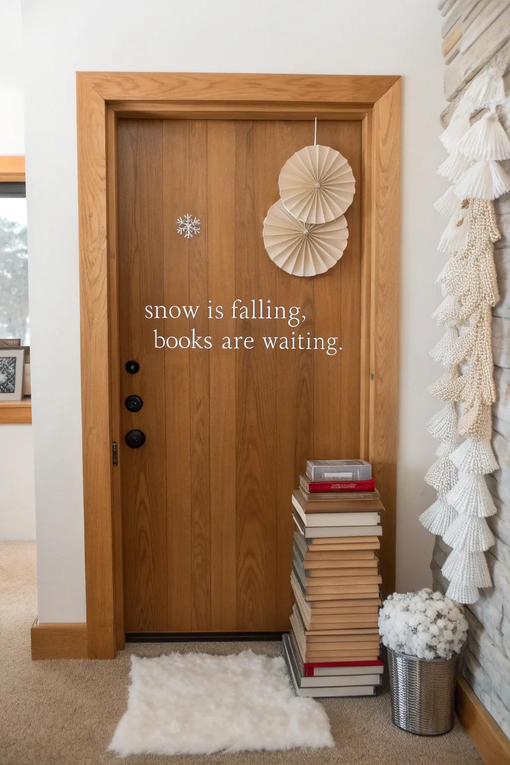 A cozy winter library door: textured paper snow + stacked books reading “Books are calling”.