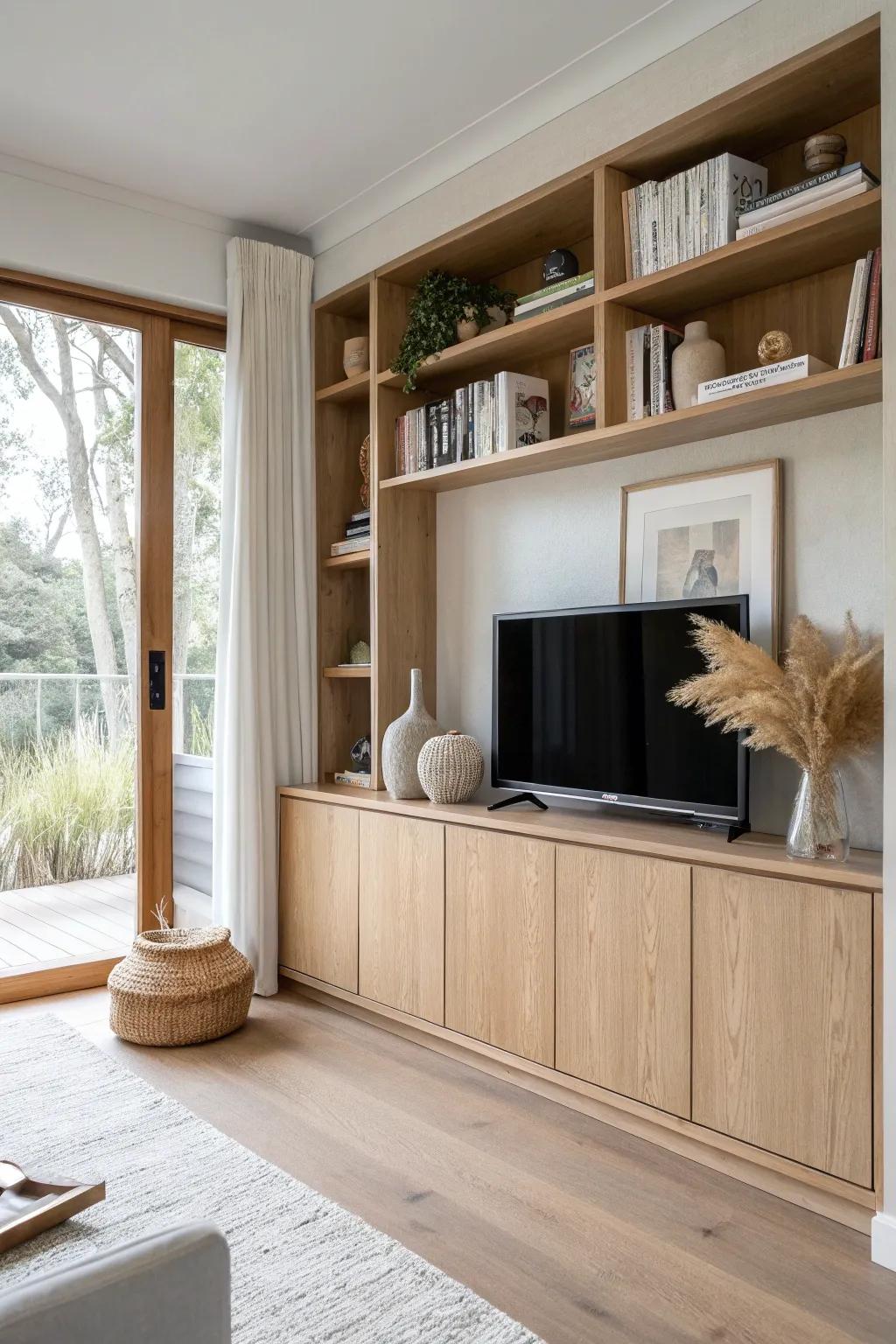 A hidden TV panel blends into an oak library wall—book-forward, calm, and movie-night ready.