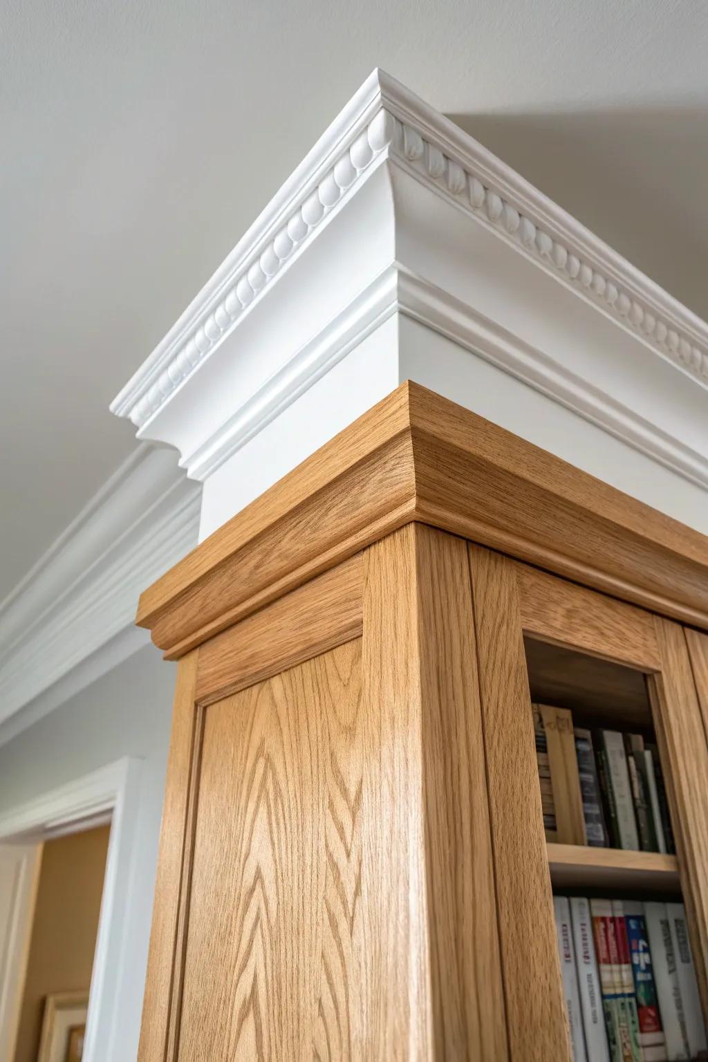 Layered crown + slim cove molding for a taller, richer library wall—simple, dramatic, handmade.