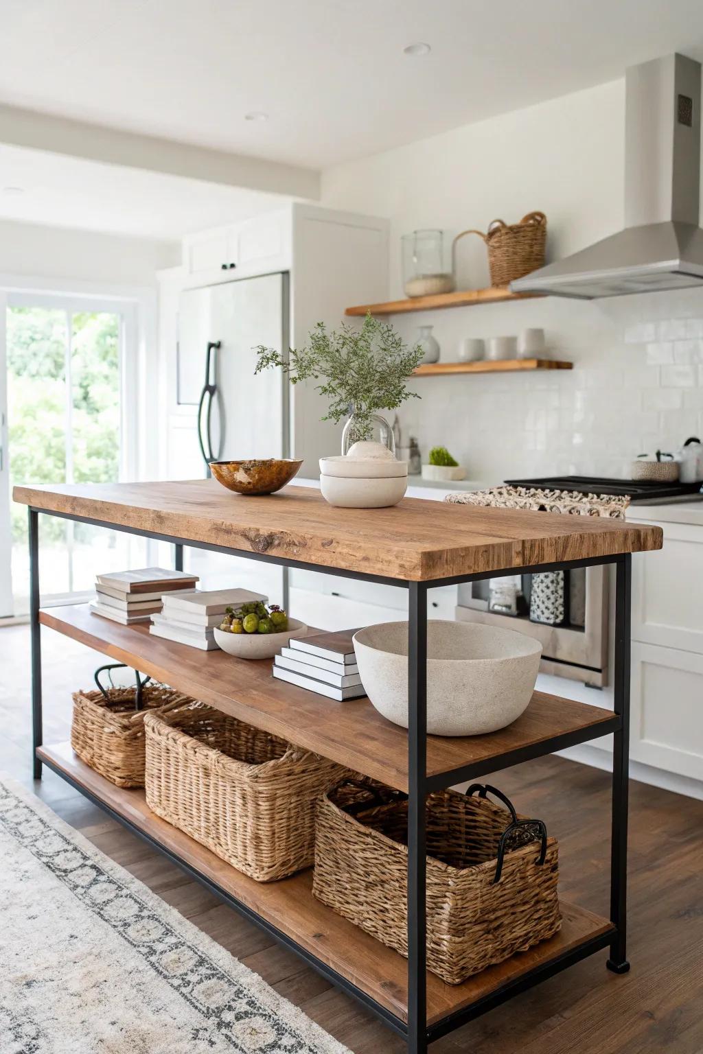 Open shelves under a live edge slab keep the island airy—perfect for baskets and bowls.