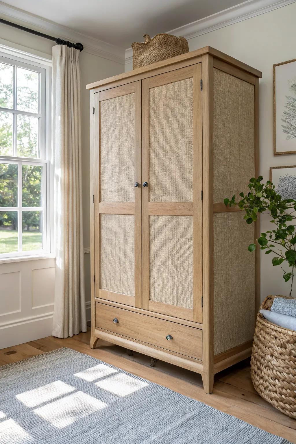 Linen-wrapped door panels add soft texture and warmth to a dated living room armoire.