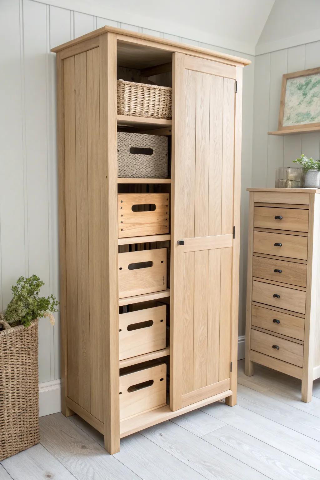 Pull-out wooden crates turn a living room closet into a tidy, toss-in toy system.