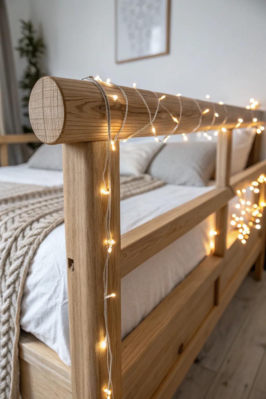 Warm string lights wrapped along the loft rail for a soft, cozy glow and handmade charm.