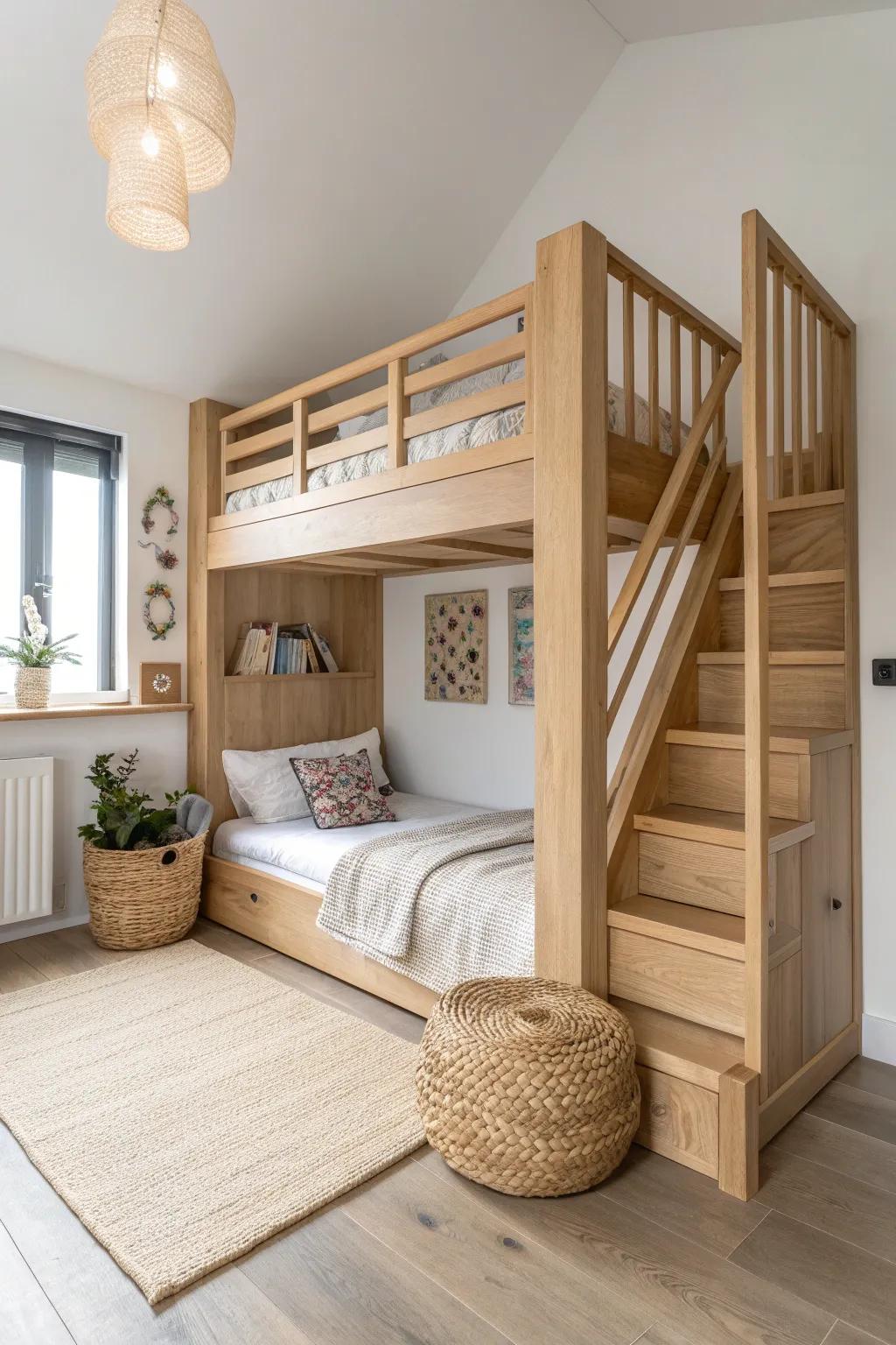 Wraparound corner loft stairs in light oak—space-saving, airy, and beautifully crafted.