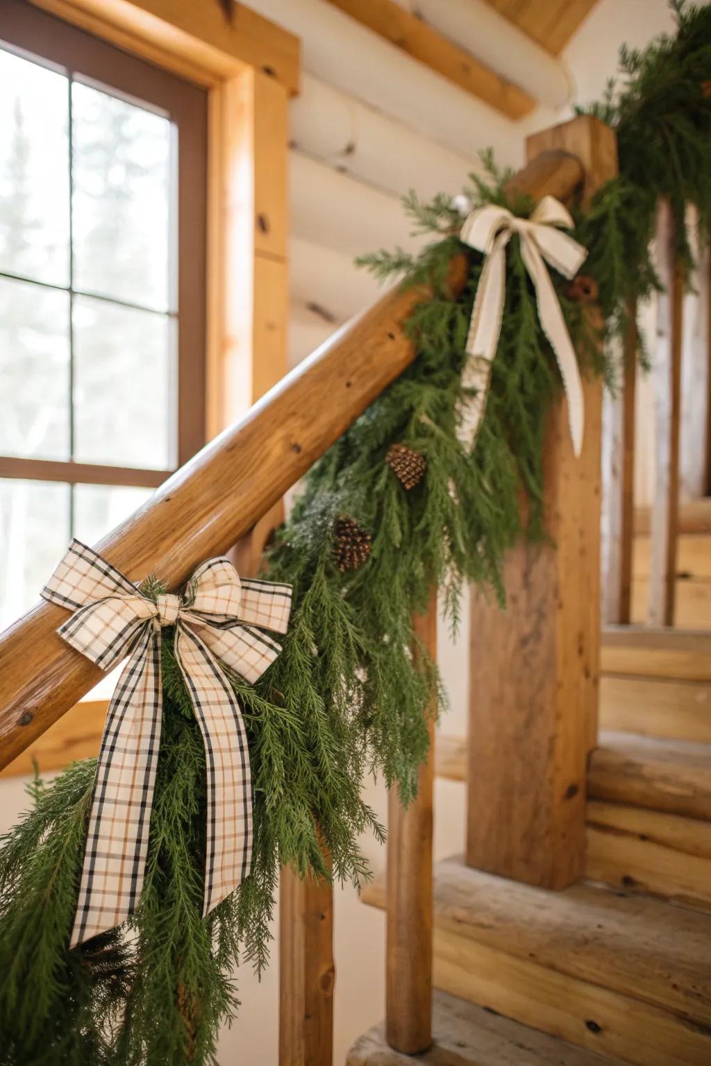 Loose evergreen garland and wide plaid ribbon for a cozy, rugged-meets-minimal cabin stair rail.