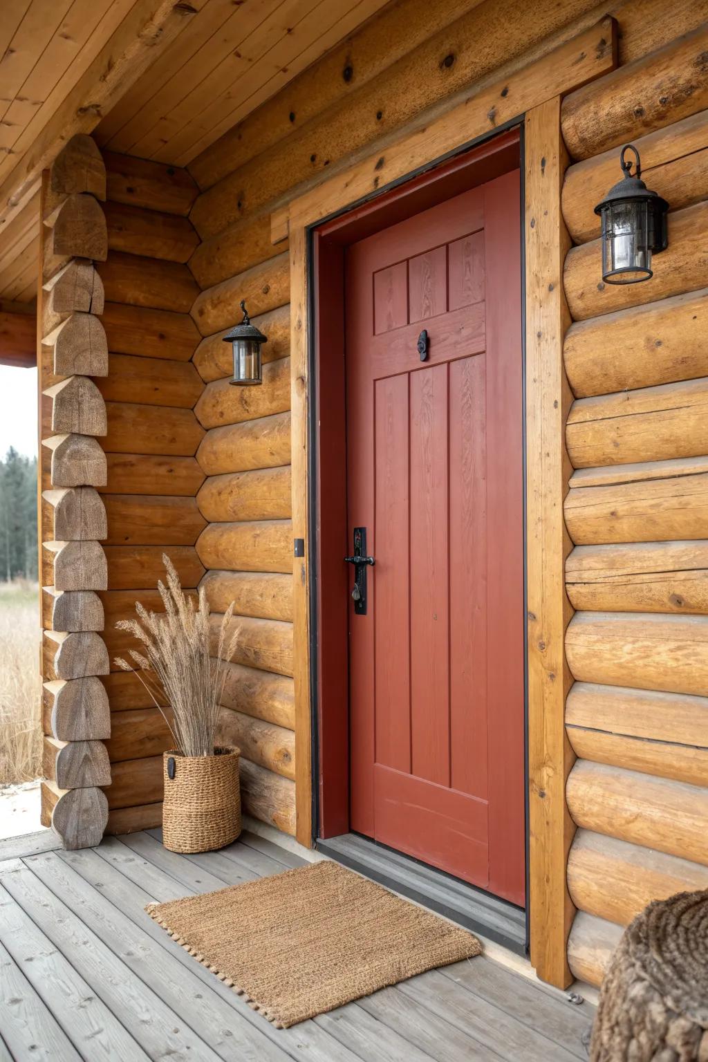 Natural log walls + a barn-red door with black hardware = instant cabin curb appeal.