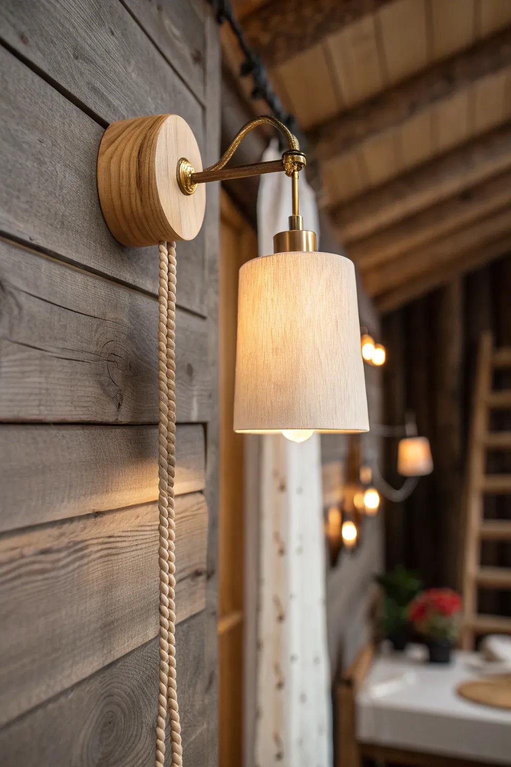 Handcrafted wood sconce + warm glow—easy plug-in lighting for a cozy log cabin loft.