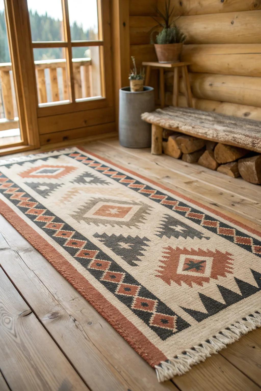 Layered rugs add warmth, texture, and echo control—perfect for a cozy log cabin office.