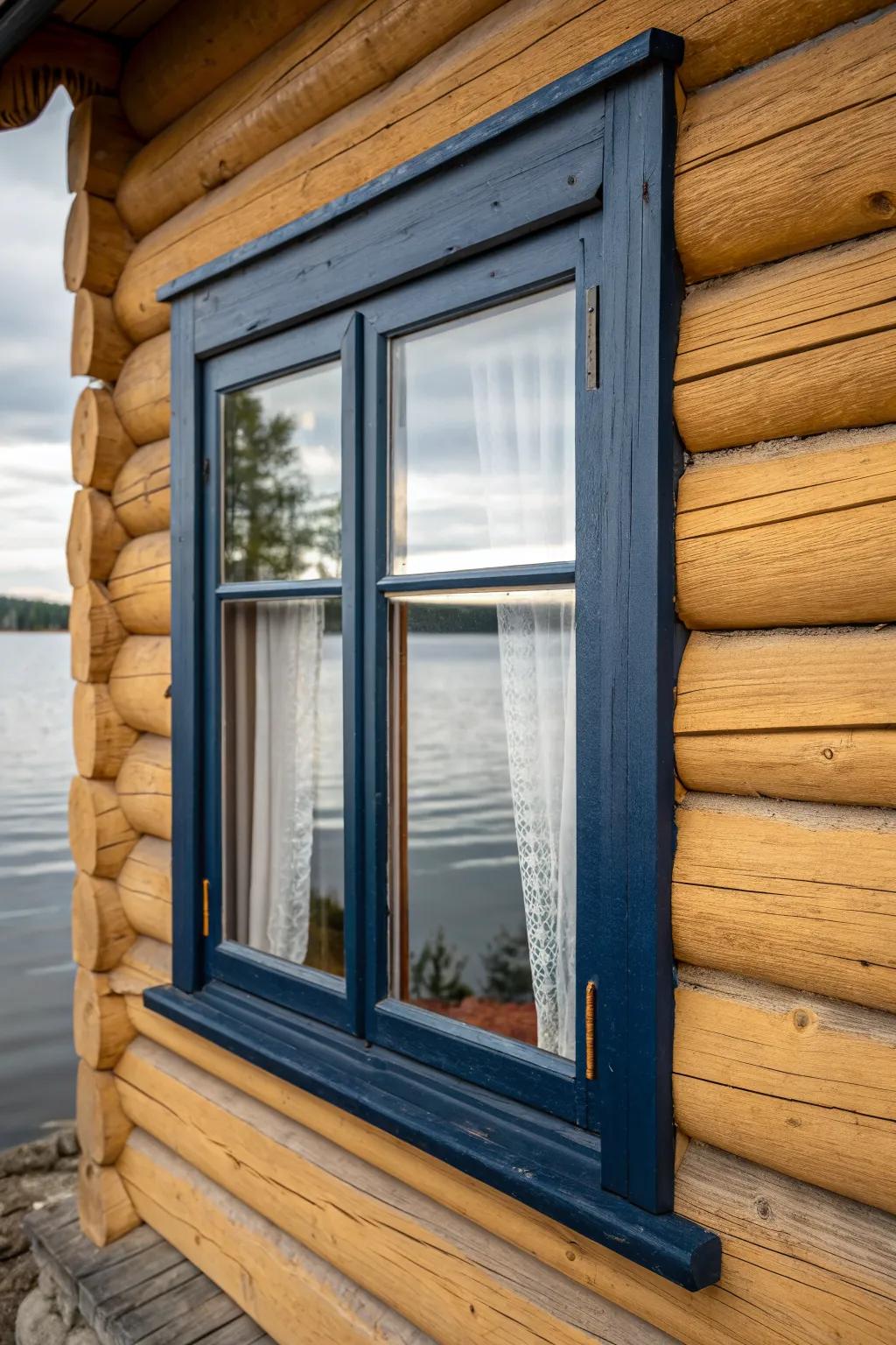 Deep navy trim adds calm, polished contrast to warm logs—perfect for a lakeside cabin.