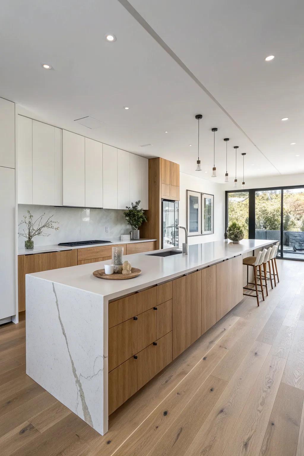 Waterfall-edge island stretches long-kitchen sightlines for a sleek, polished, handcrafted look.