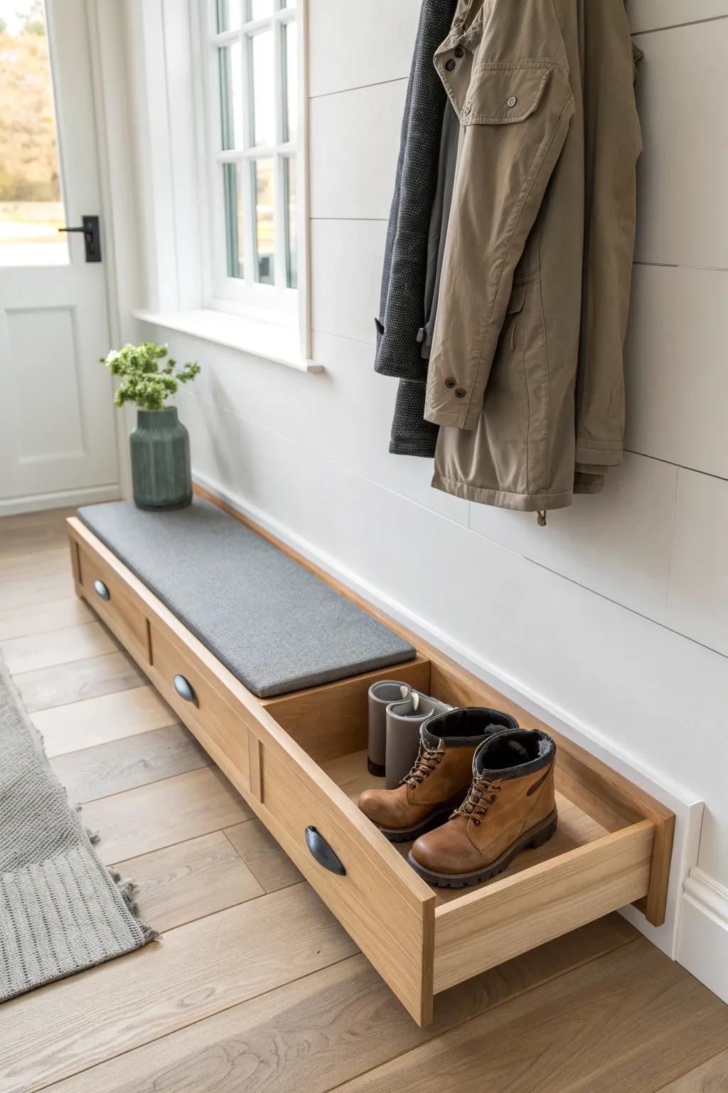 A sleek pull-out boot tray keeps a long, narrow mudroom clean—wipe, rinse, done.