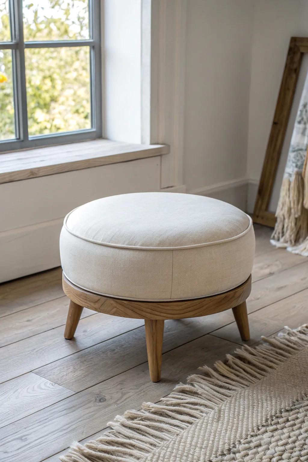 A cozy ottoman with a crafted oak base—perfect to cluster like puzzle pieces for guests.