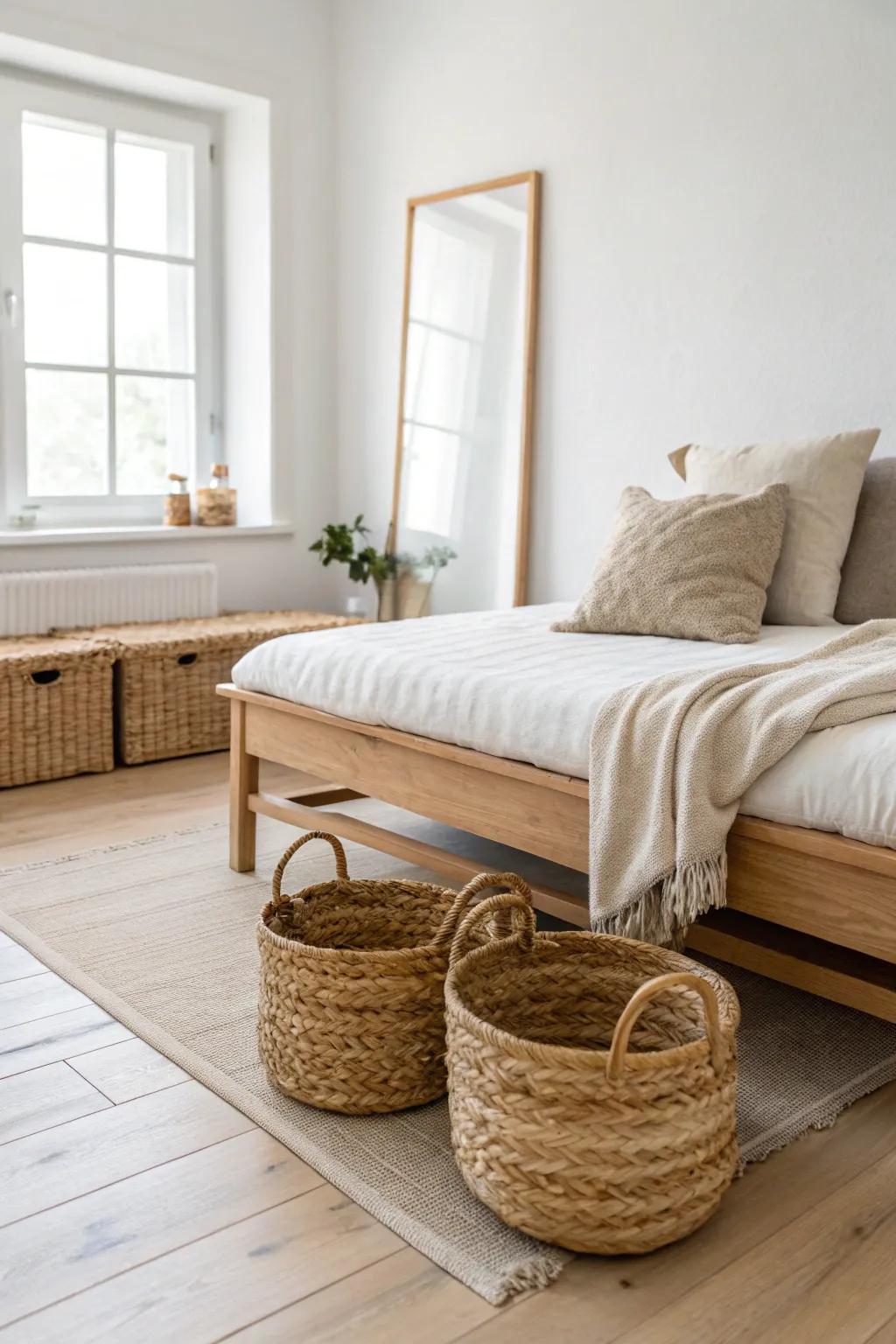 Tuck woven baskets under your end-of-bed loveseat for storage that stays tidy and stylish.