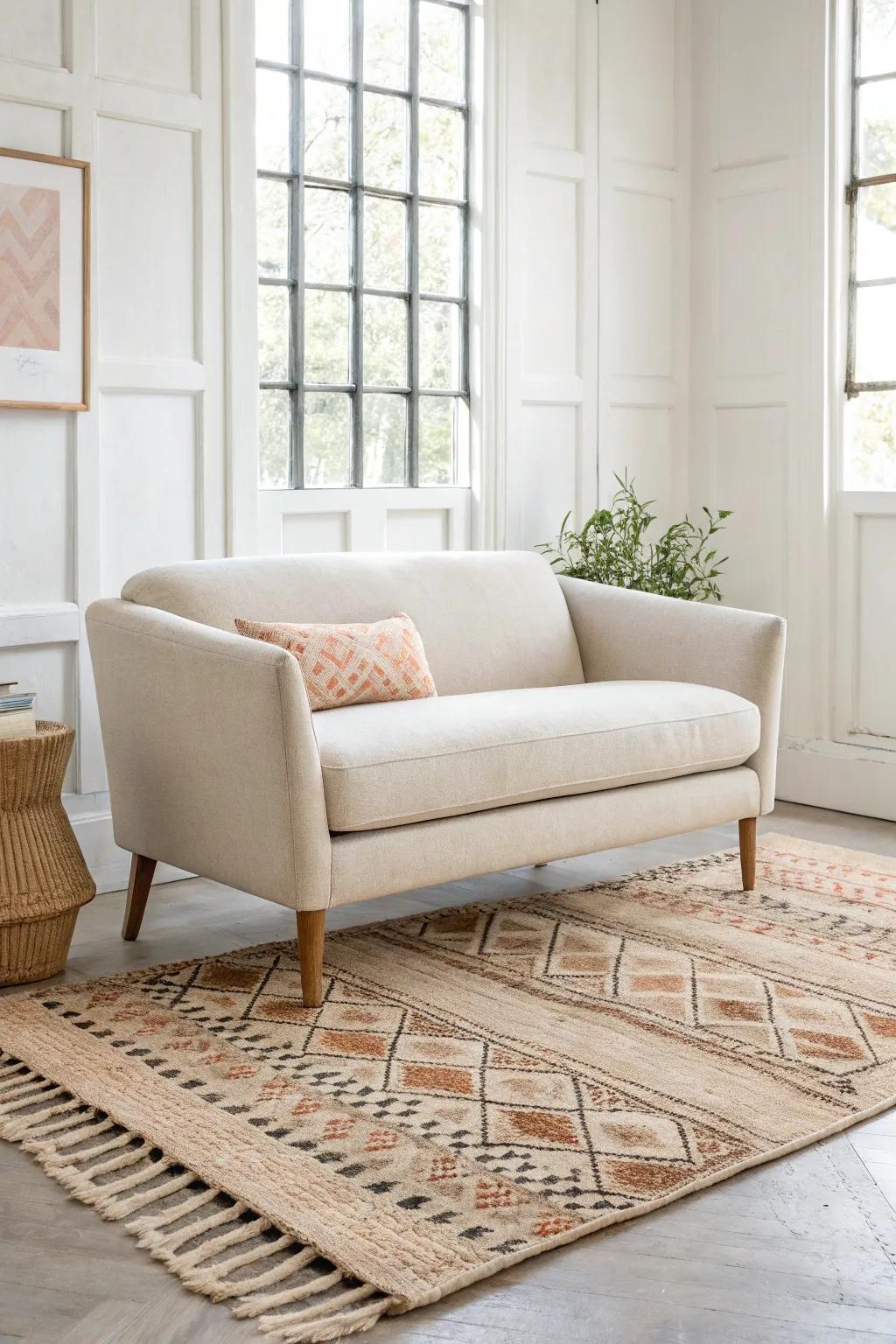 Ground your loveseat fast: layer a patterned rug over jute for an instant cozy “room” corner.