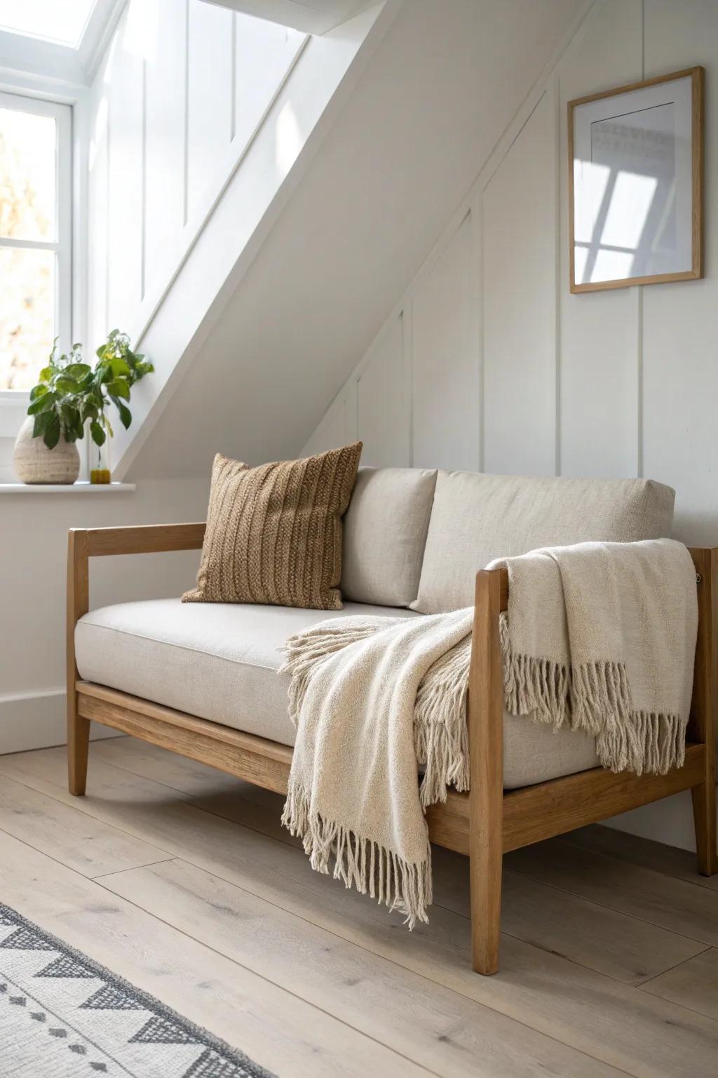 Angle a cozy oak loveseat into a corner for a bright, purposeful bedroom reading nook.