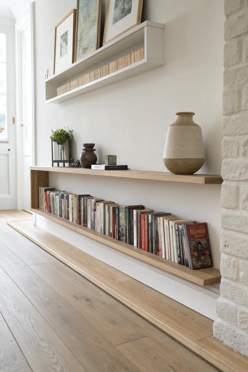 A sleek floating low shelf row that makes books look like they hover—and vacuuming effortless.
