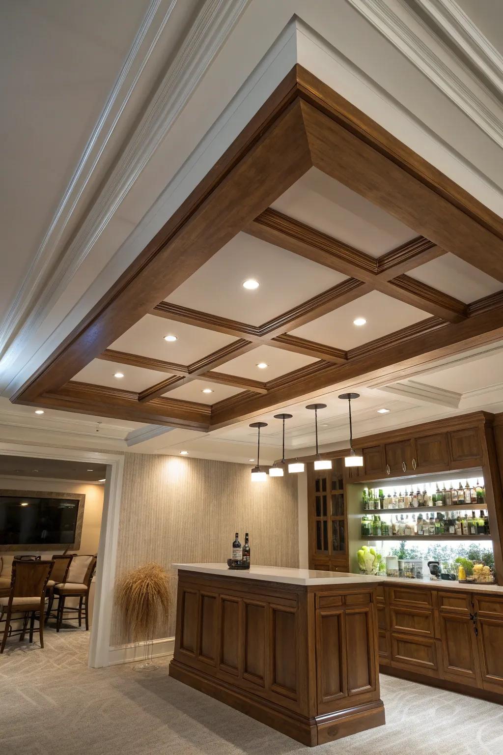 Warm walnut faux beams + crisp coffers add instant architectural luxury to any basement bar.