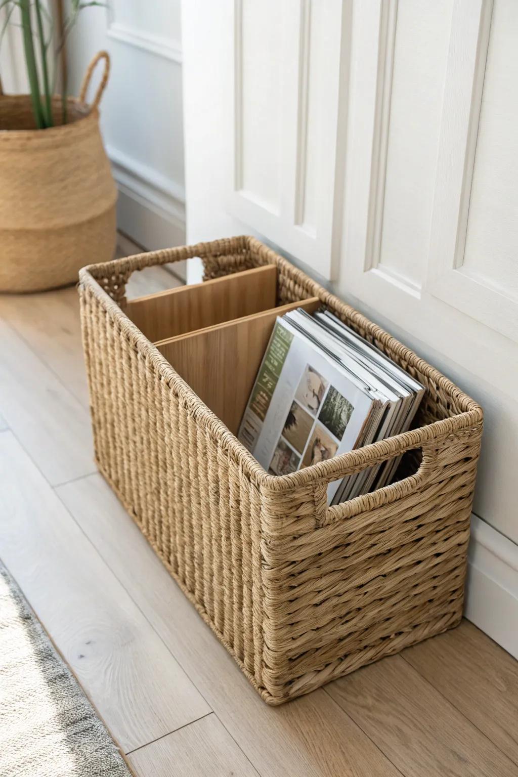 Woven basket + slotted wood divider: a warm, minimalist way to keep magazines upright.