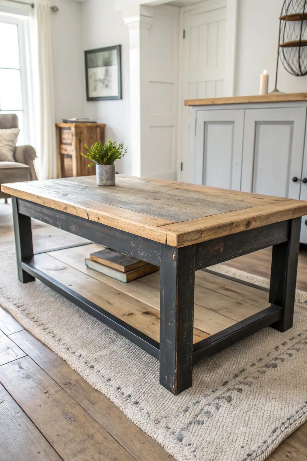 Distressed paint + warm wood create a rugged coffee table with clean Scandinavian lines.