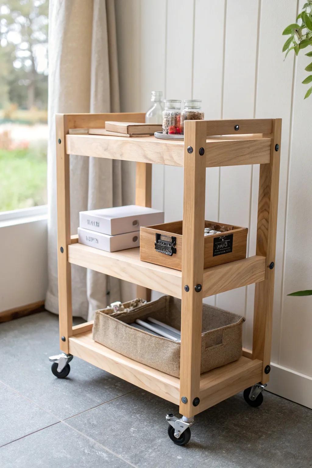 A sleek rolling wood cart keeps sanding supplies and small parts tidy—then tucks away fast.