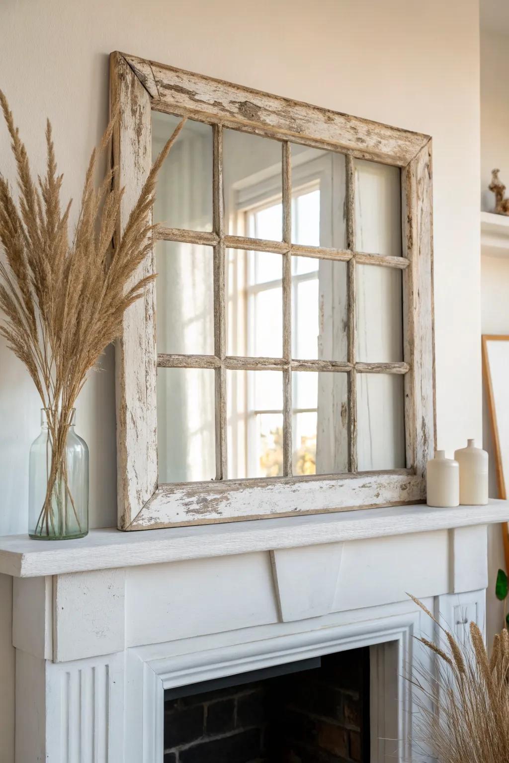 A weathered vintage window frame brings effortless layered charm above a simple mantel.