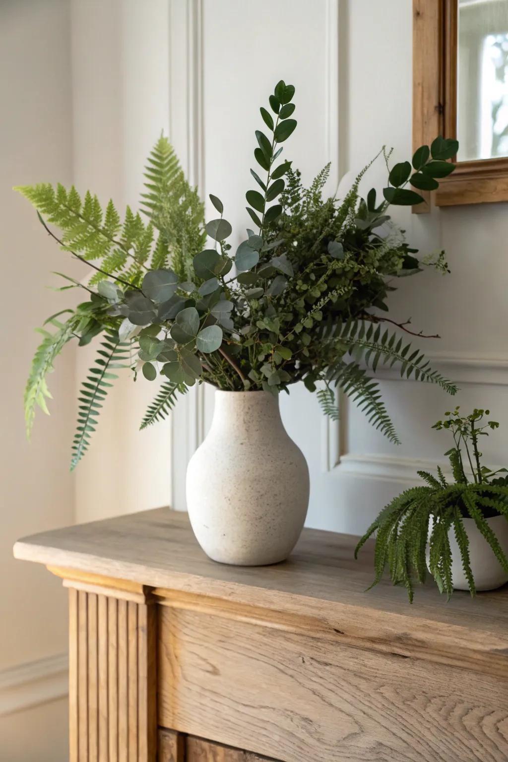 Monochrome green-on-green mantel: one sculptural vase of layered leaves on warm oak.
