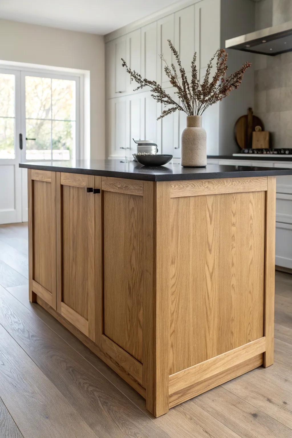 Maple + black quartz pop against calm light oak floors—airy contrast, no wood overload.