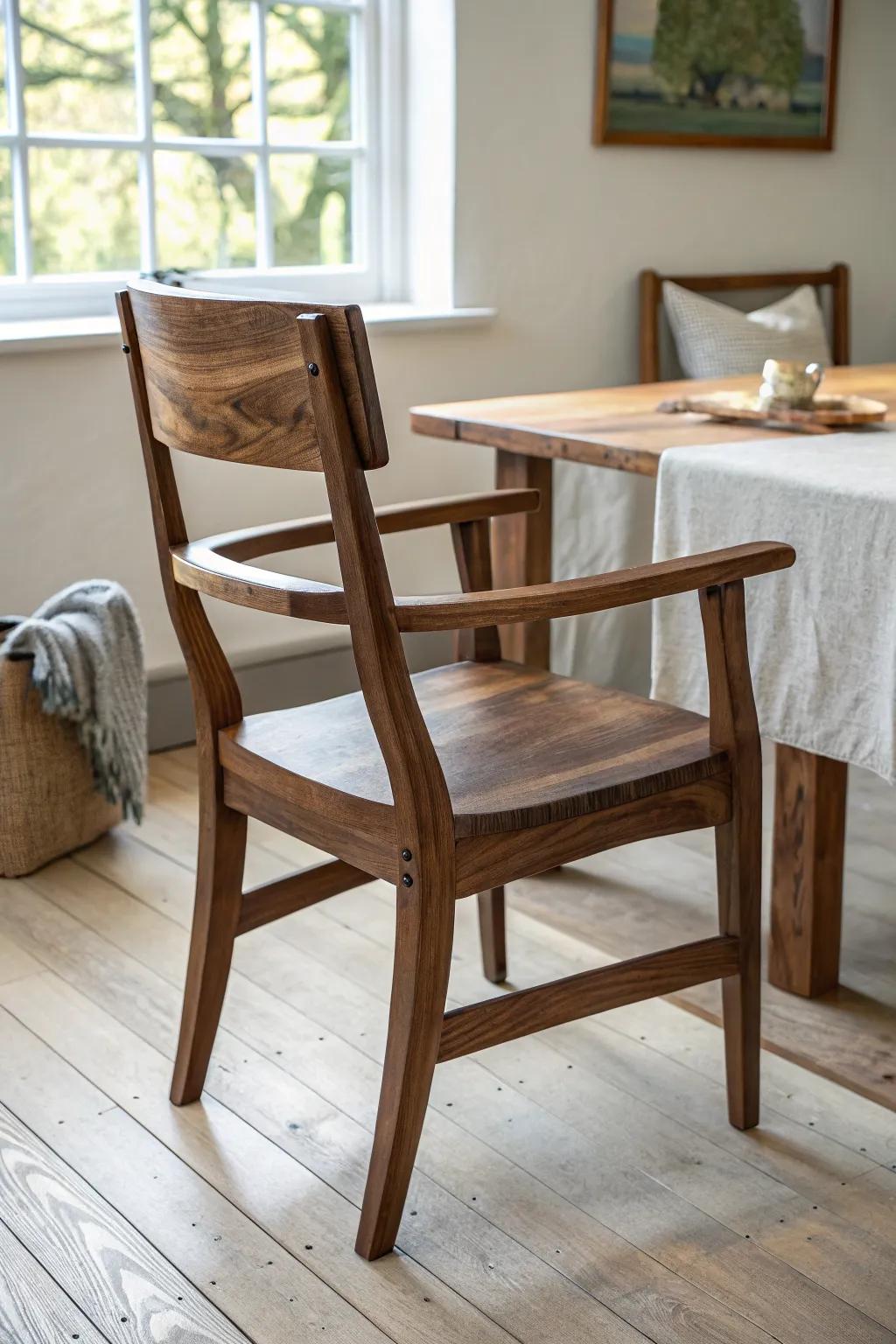 A dark-stained captain’s chair that gives the dining room a refined, commanding head-seat vibe.