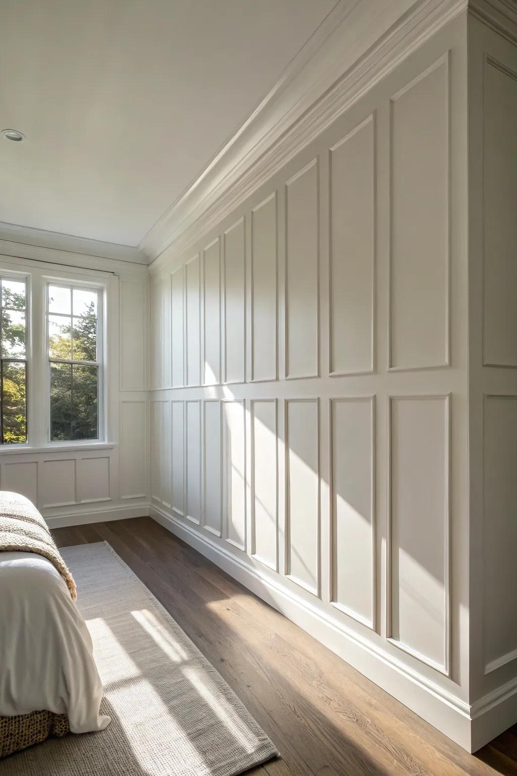 Floor-to-ceiling wall panels tied into crown molding for a taller, custom master bedroom look.
