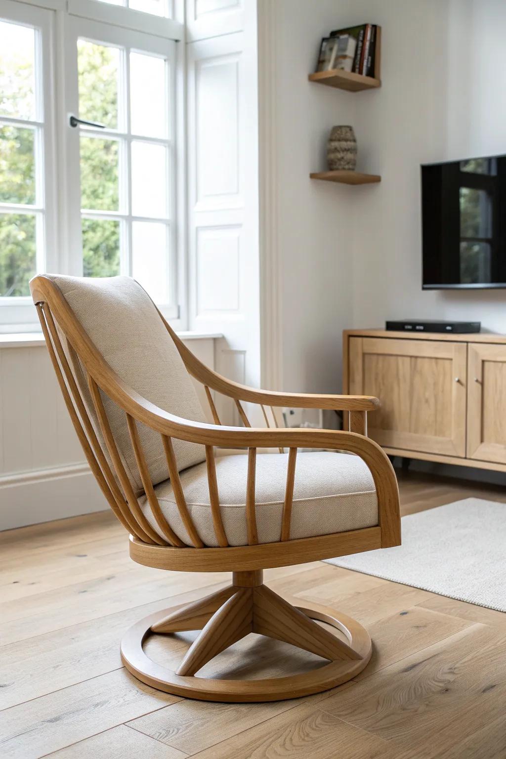 A handcrafted oak swivel chair that turns from cozy chats to screen time in seconds.