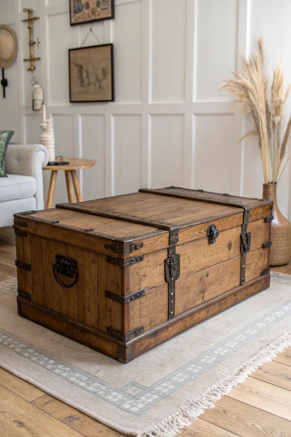 Waxed wooden trunk coffee table—medieval charm with sleek Scandinavian calm and hidden storage.