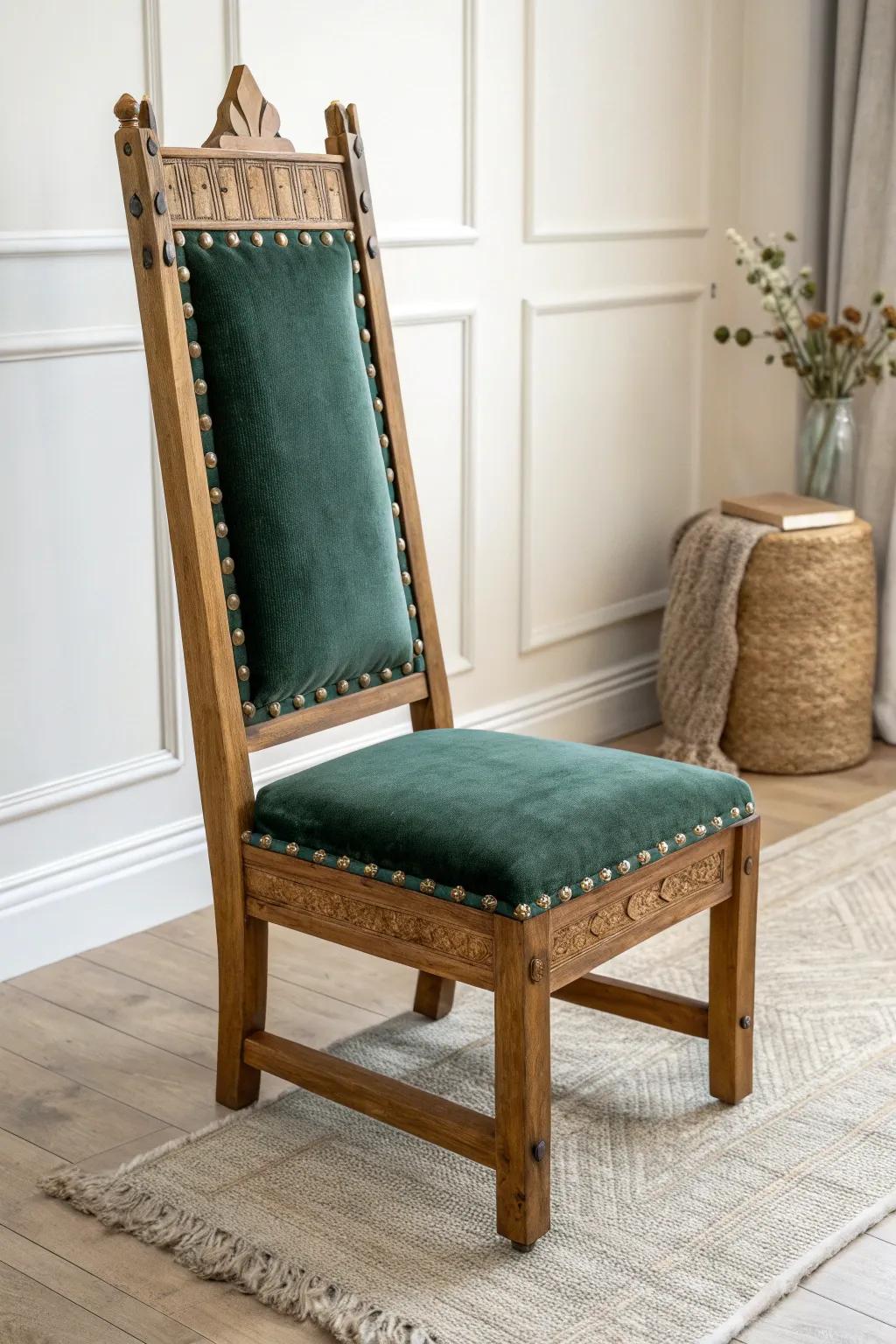 Medieval charm, modern calm: a high-back oak chair with velvet tufting and nailhead trim.