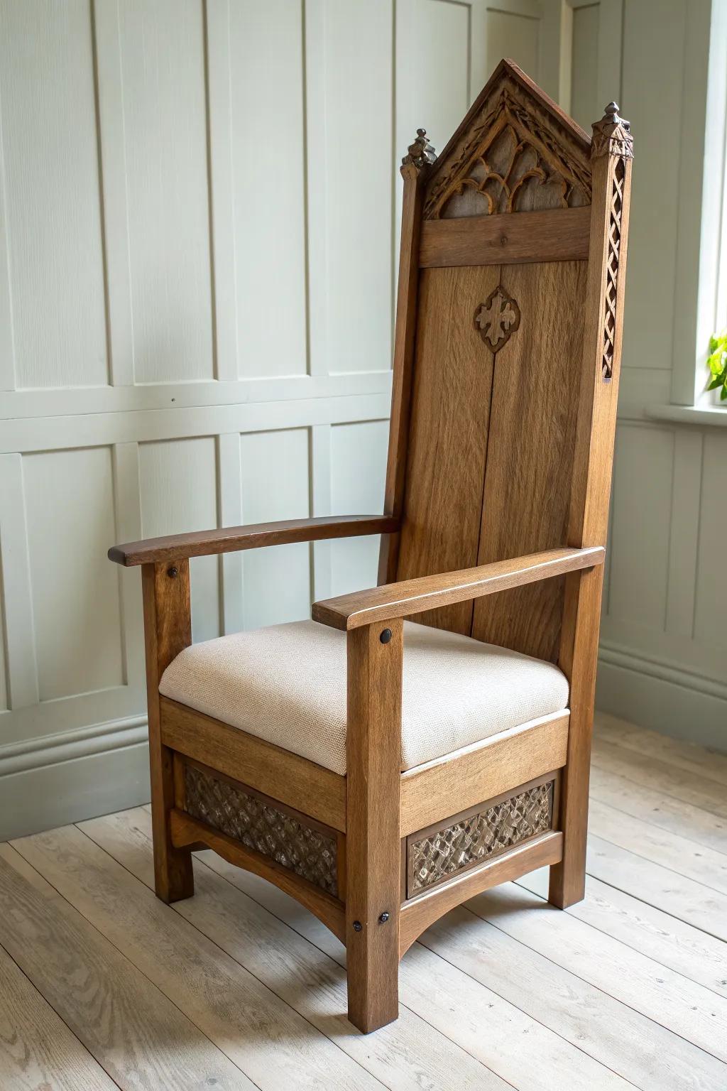 A minimalist throne moment: a high-back oak chair with linen and subtle nailhead charm.